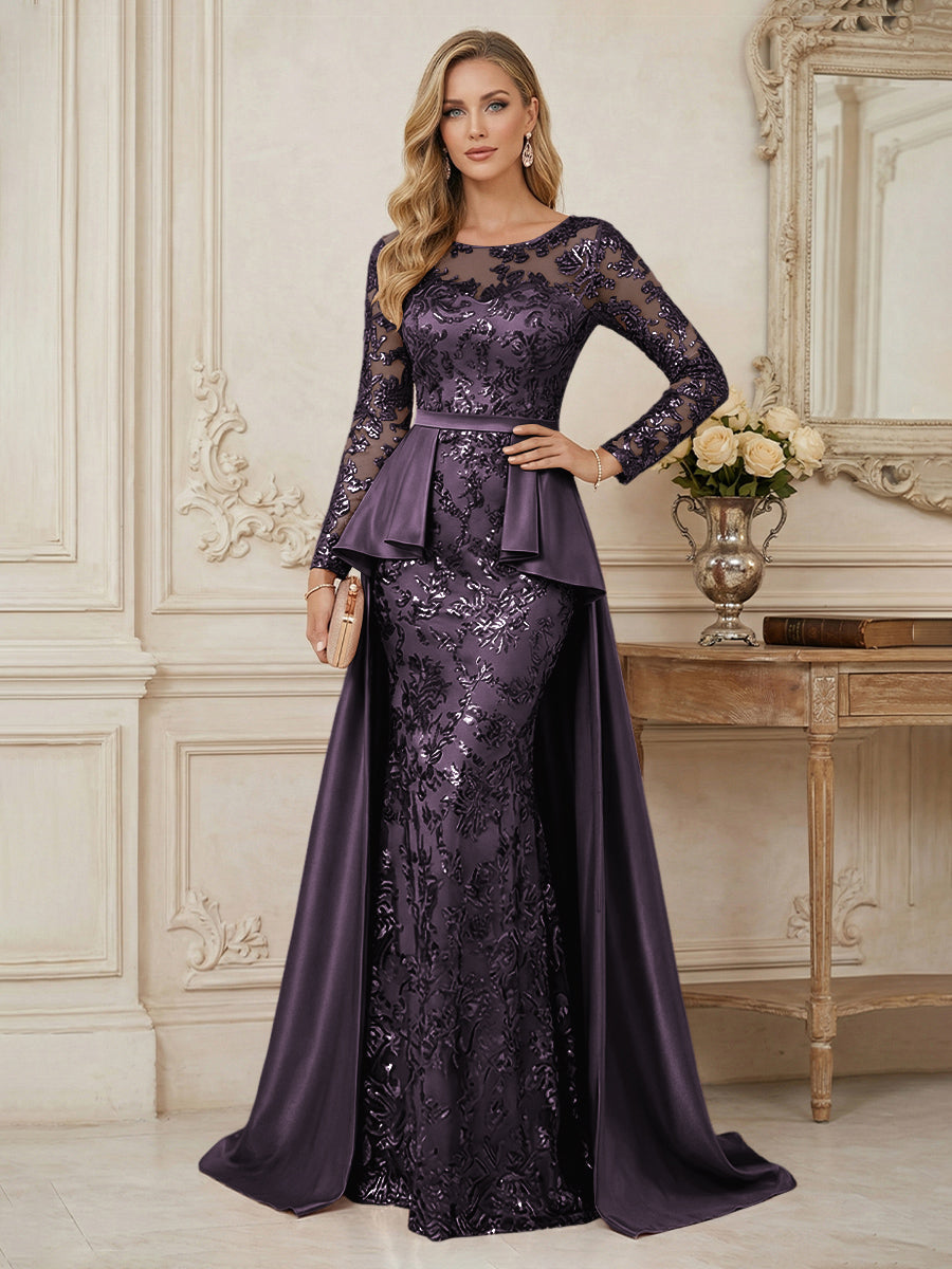 Mermaid Scoop Long Sleeve Floor Length Mother of the Bride Dresses with Peplum & Appliques