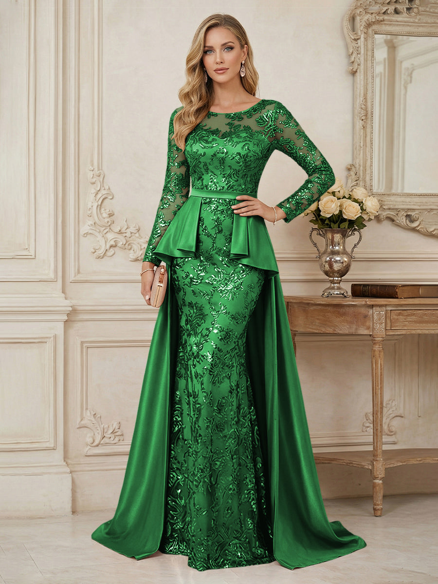 Mermaid Scoop Long Sleeve Floor Length Mother of the Bride Dresses with Peplum & Appliques
