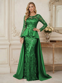 Mermaid Scoop Long Sleeve Floor Length Mother of the Bride Dresses with Peplum & Appliques
