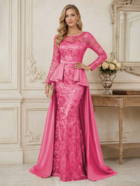 Mermaid Scoop Long Sleeve Floor Length Mother of the Bride Dresses with Peplum & Appliques