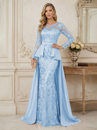 Mermaid Scoop Long Sleeve Floor Length Mother of the Bride Dresses with Peplum & Appliques