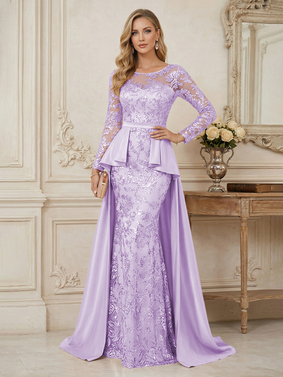 Mermaid Scoop Long Sleeve Floor Length Mother of the Bride Dresses with Peplum & Appliques