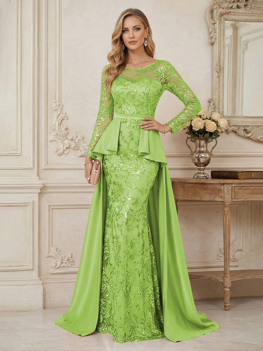 Mermaid Scoop Long Sleeve Floor Length Mother of the Bride Dresses with Peplum & Appliques