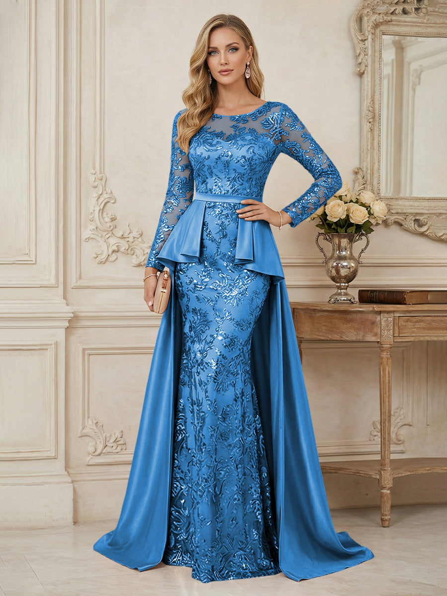 Mermaid Scoop Long Sleeve Floor Length Mother of the Bride Dresses with Peplum & Appliques