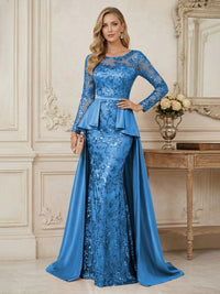 Mermaid Scoop Long Sleeve Floor Length Mother of the Bride Dresses with Peplum & Appliques