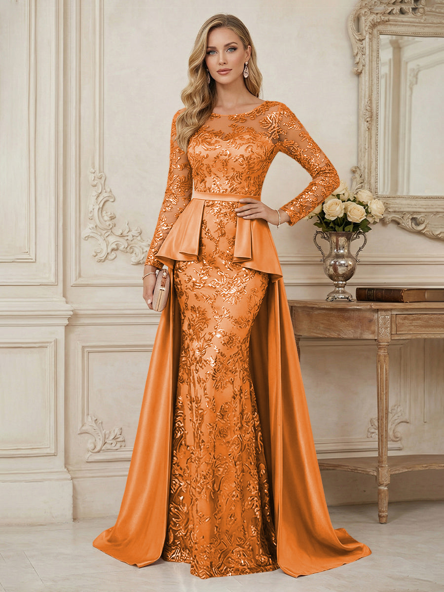 Shirees Orange Mermaid Scoop Long Sleeve Floor Length Mother of the Bride Dresses with Peplum & Appliques 2026