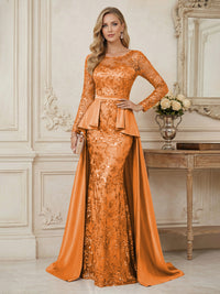 Mermaid Scoop Long Sleeve Floor Length Mother of the Bride Dresses with Peplum & Appliques