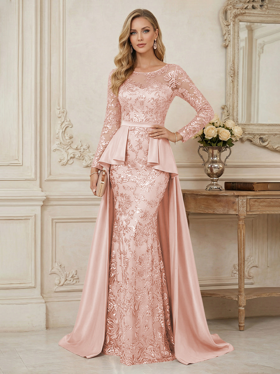 Mermaid Scoop Long Sleeve Floor Length Mother of the Bride Dresses with Peplum & Appliques