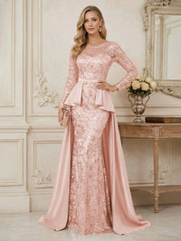 Mermaid Scoop Long Sleeve Floor Length Mother of the Bride Dresses with Peplum & Appliques