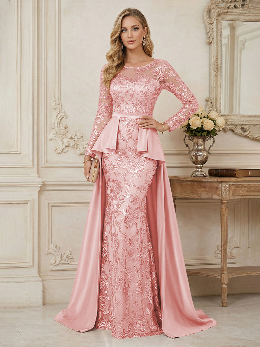 Mermaid Scoop Long Sleeve Floor Length Mother of the Bride Dresses with Peplum & Appliques
