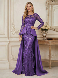 Mermaid Scoop Long Sleeve Floor Length Mother of the Bride Dresses with Peplum & Appliques