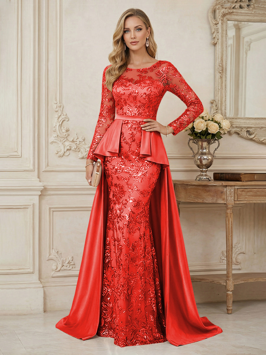 Mermaid Scoop Long Sleeve Floor Length Mother of the Bride Dresses with Peplum & Appliques