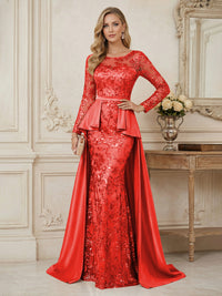 Mermaid Scoop Long Sleeve Floor Length Mother of the Bride Dresses with Peplum & Appliques
