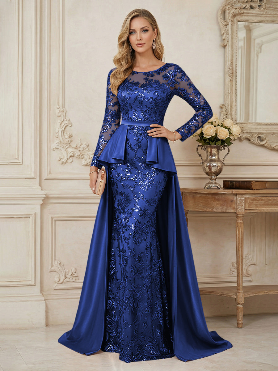 Mermaid Scoop Long Sleeve Floor Length Mother of the Bride Dresses with Peplum & Appliques
