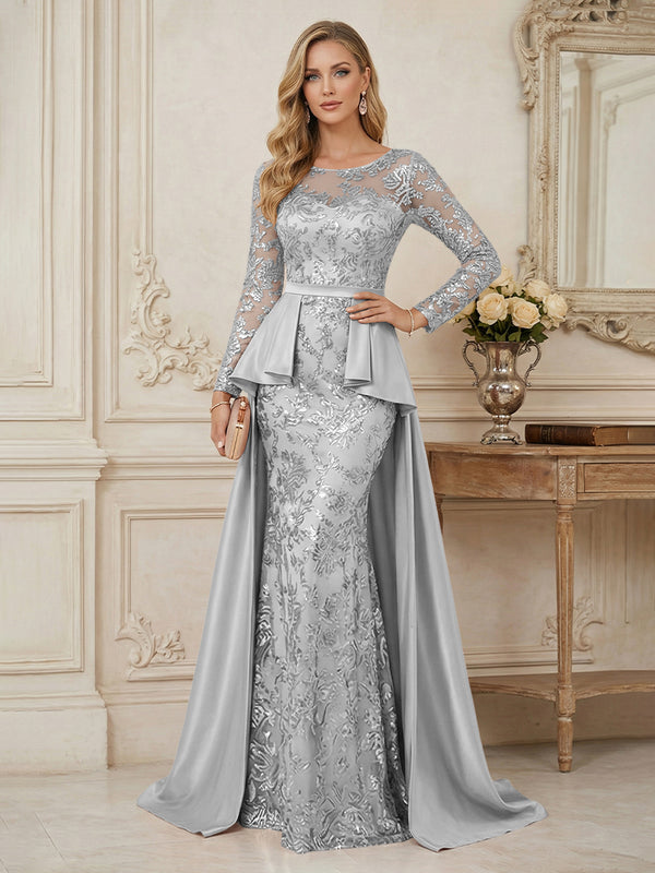 Mermaid Scoop Long Sleeve Floor Length Mother of the Bride Dresses with Peplum & Appliques