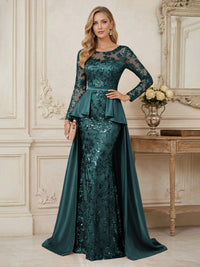 Mermaid Scoop Long Sleeve Floor Length Mother of the Bride Dresses with Peplum & Appliques