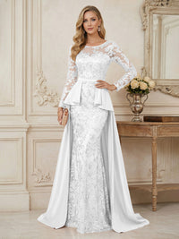 Mermaid Scoop Long Sleeve Floor Length Mother of the Bride Dresses with Peplum & Appliques