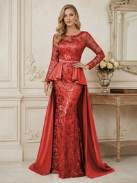 Mermaid Scoop Long Sleeve Floor Length Mother of the Bride Dresses with Peplum & Appliques