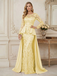 Mermaid Scoop Long Sleeve Floor Length Mother of the Bride Dresses with Peplum & Appliques