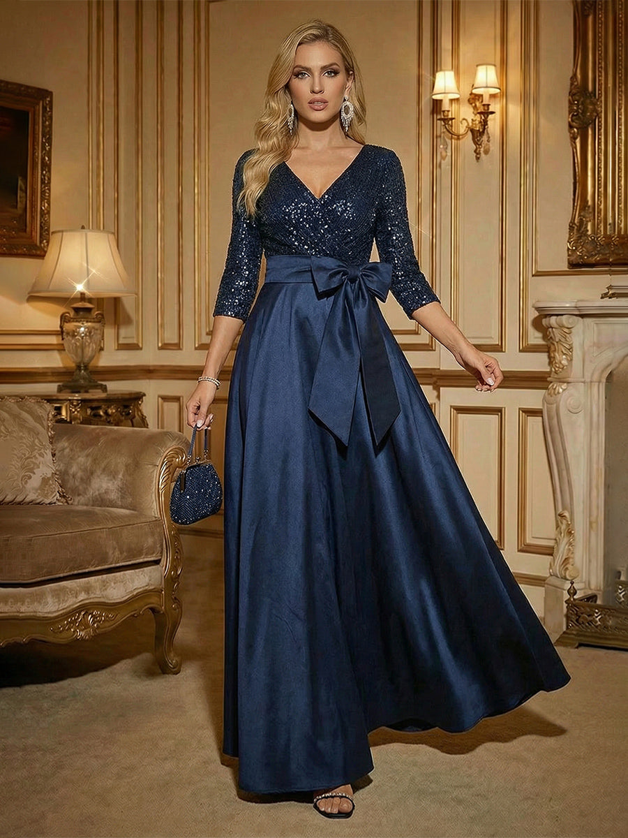Shirees Wine Red A Line 3/4 Sleeve Floor Length Mixed Mother of the Bride Dresses with Bow 2026