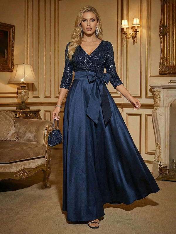 a line mother of the bride dresses with sleeves A Line V Neck 3/4 Sleeves Satin Mother of the Bride Dress Long Formal Loveiss