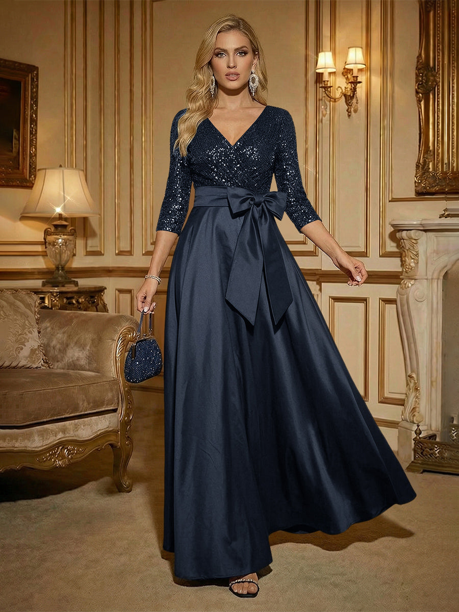 Shirees Wine Red A Line 3/4 Sleeve Floor Length Mixed Mother of the Bride Dresses with Bow 2026