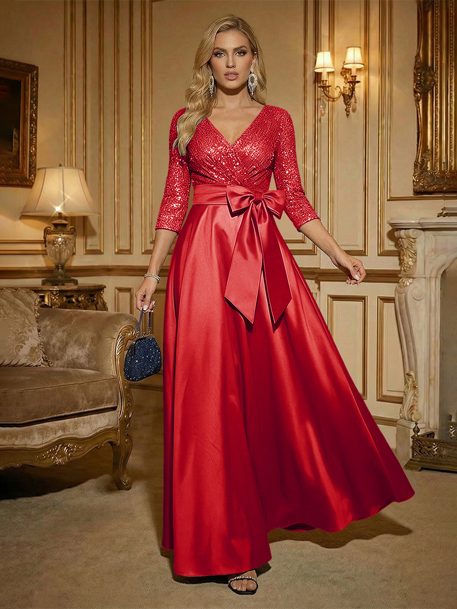 Shirees Red A Line 3/4 Sleeve Floor Length Mixed Mother of the Bride Dresses with Bow 2026
