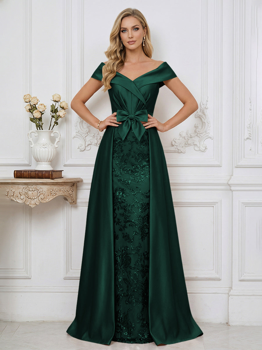 off shoulder ruched bow dress Off-the-Shoulder Ruched Ankle-Length Sheath Dress with Bow for the Mother of the Bride