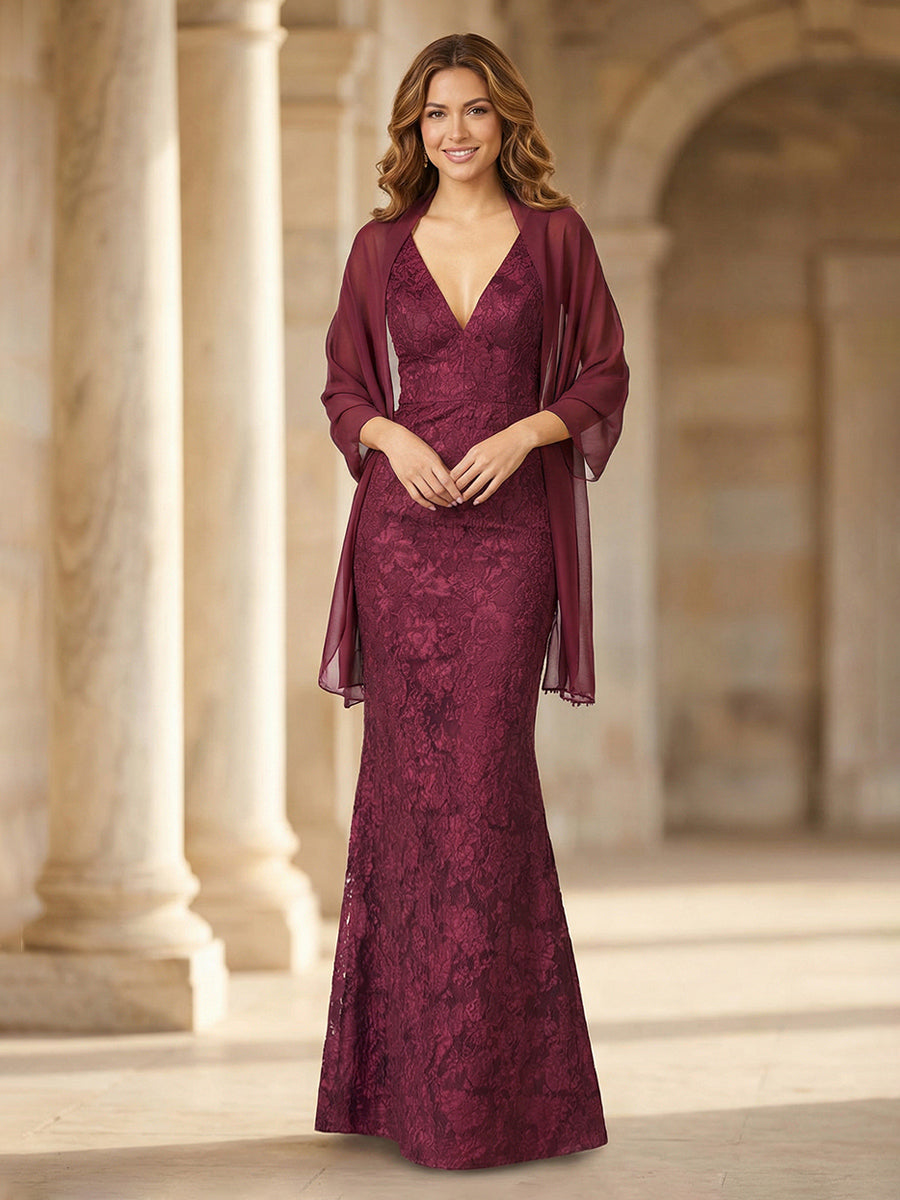 Mermaid Sleeveless Lace Jacquard Mother of the Bride Dresses with Cape