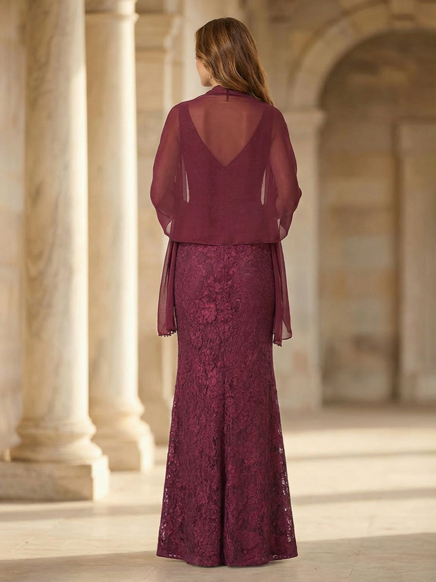Mermaid Sleeveless Lace Jacquard Mother of the Bride Dresses with Cape
