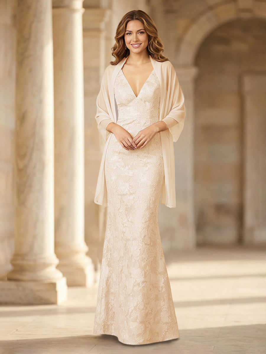 Mermaid Sleeveless Lace Jacquard Mother of the Bride Dresses with Cape