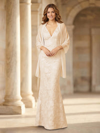 Mermaid Sleeveless Lace Jacquard Mother of the Bride Dresses with Cape