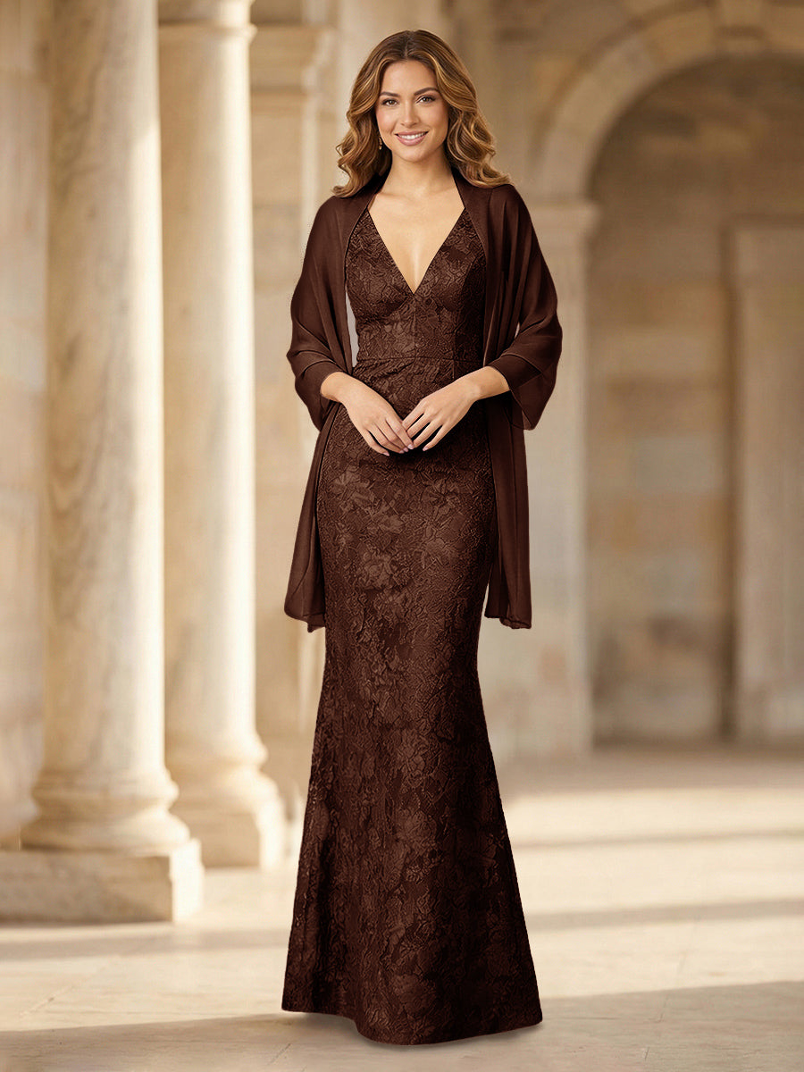 Mermaid Sleeveless Lace Jacquard Mother of the Bride Dresses with Cape
