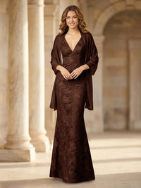 Mermaid Sleeveless Lace Jacquard Mother of the Bride Dresses with Cape