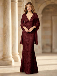 Mermaid Sleeveless Lace Jacquard Mother of the Bride Dresses with Cape