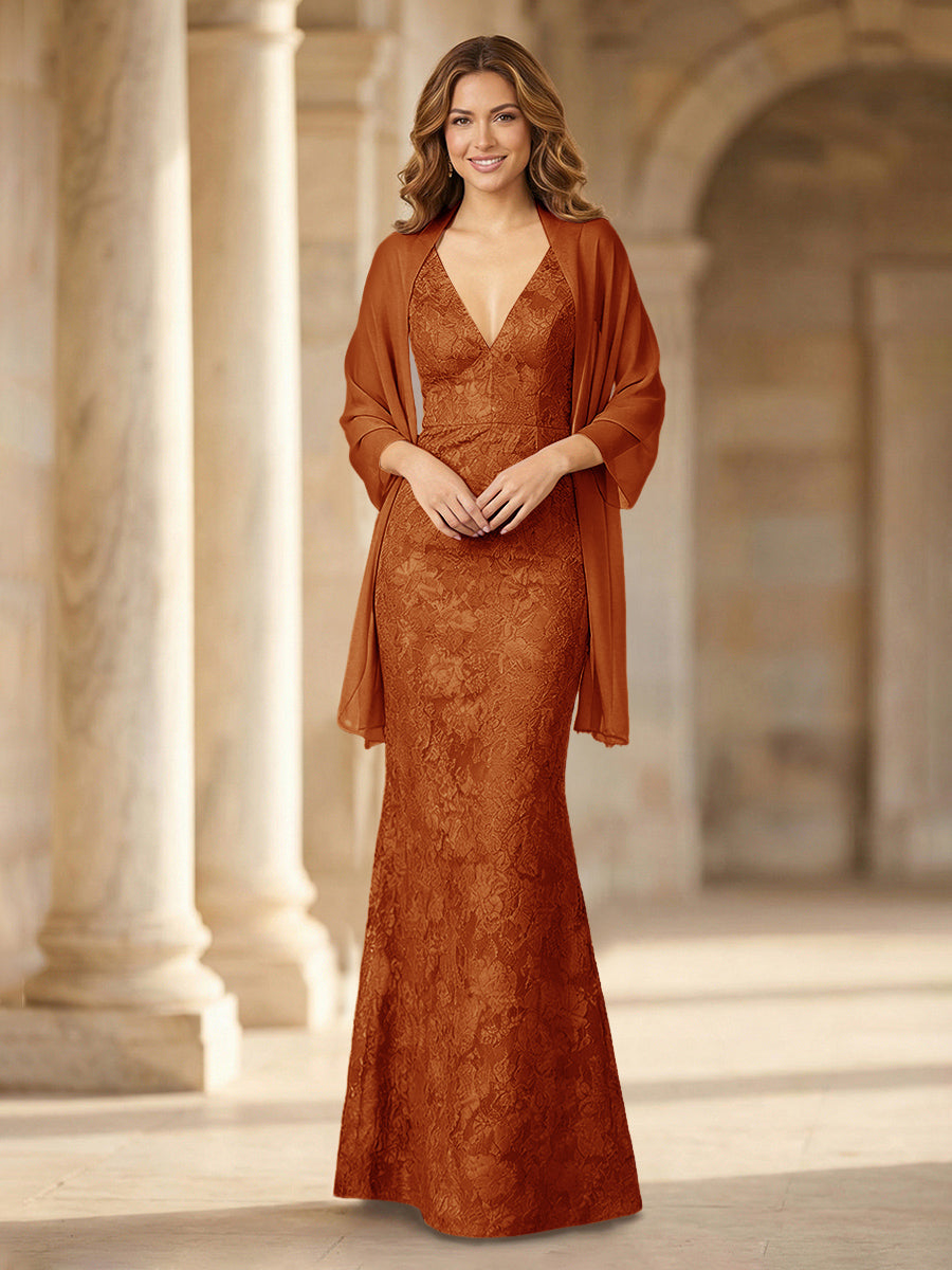 Mermaid Sleeveless Lace Jacquard Mother of the Bride Dresses with Cape