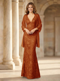 Mermaid Sleeveless Lace Jacquard Mother of the Bride Dresses with Cape