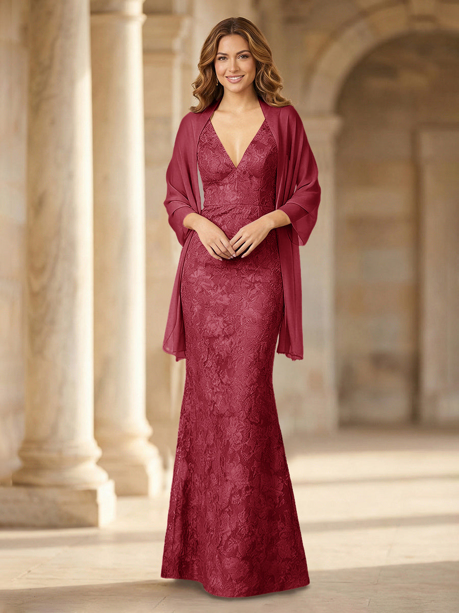 Mermaid Sleeveless Lace Jacquard Mother of the Bride Dresses with Cape