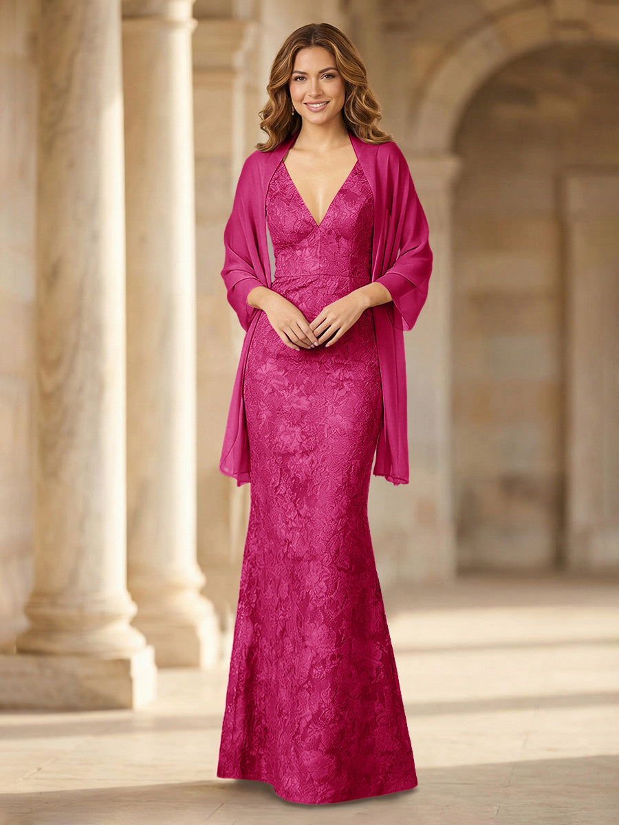 Mermaid Sleeveless Lace Jacquard Mother of the Bride Dresses with Cape