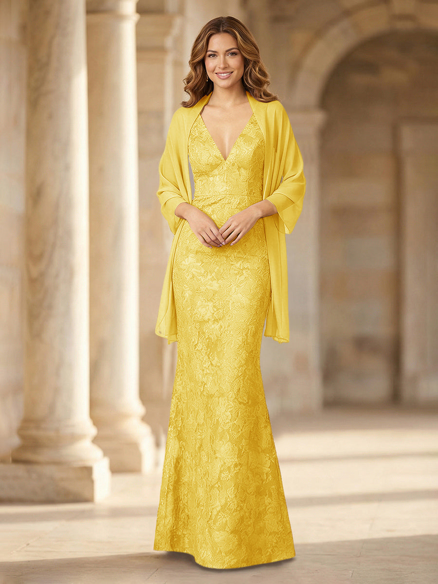 Mermaid Sleeveless Lace Jacquard Mother of the Bride Dresses with Cape