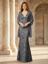 Mermaid Sleeveless Lace Jacquard Mother of the Bride Dresses with Cape