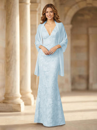 Mermaid Sleeveless Lace Jacquard Mother of the Bride Dresses with Cape