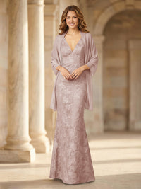 Mermaid Sleeveless Lace Jacquard Mother of the Bride Dresses with Cape