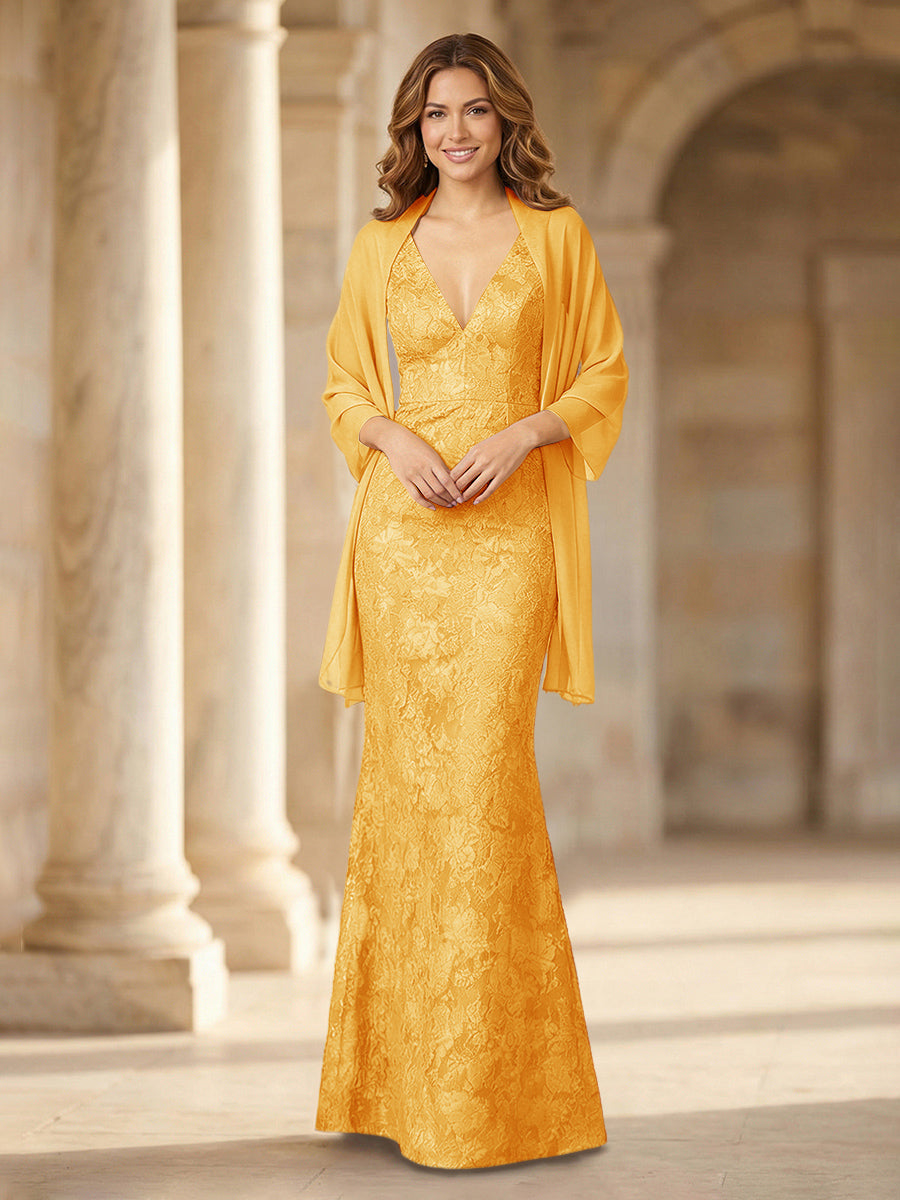 Mermaid Sleeveless Lace Jacquard Mother of the Bride Dresses with Cape