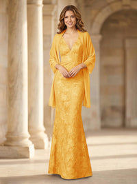 Mermaid Sleeveless Lace Jacquard Mother of the Bride Dresses with Cape