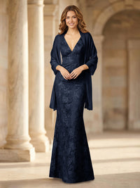 Mermaid Sleeveless Lace Jacquard Mother of the Bride Dresses with Cape