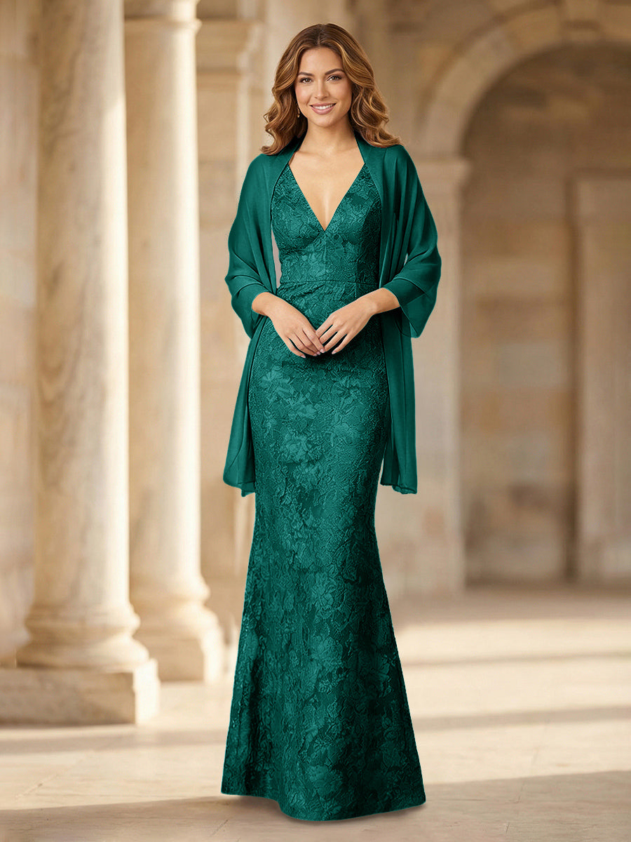 Mermaid Sleeveless Lace Jacquard Mother of the Bride Dresses with Cape