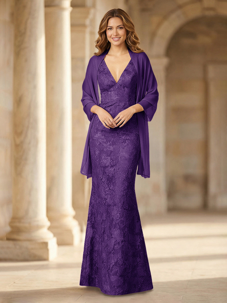 Mermaid Sleeveless Lace Jacquard Mother of the Bride Dresses with Cape