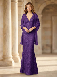 Mermaid Sleeveless Lace Jacquard Mother of the Bride Dresses with Cape