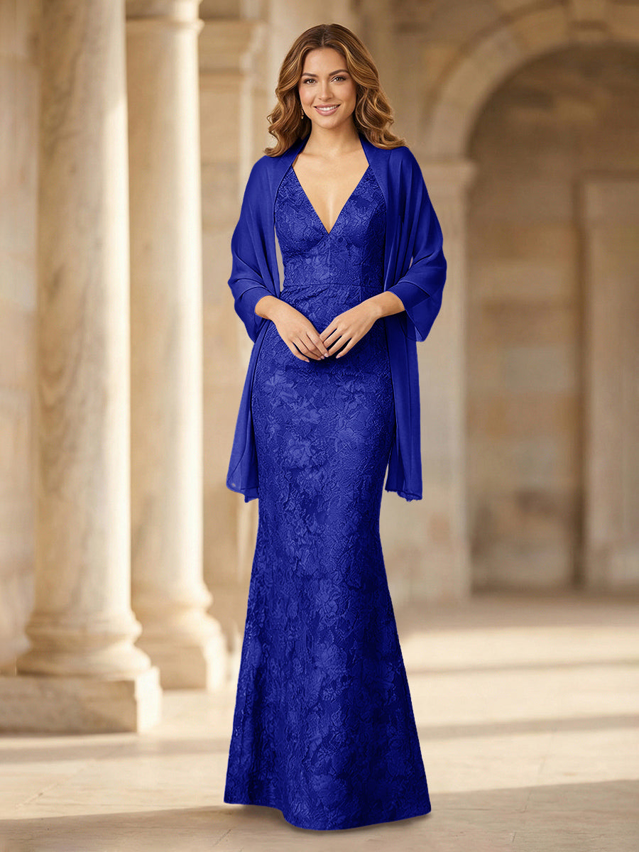 Mermaid Sleeveless Lace Jacquard Mother of the Bride Dresses with Cape
